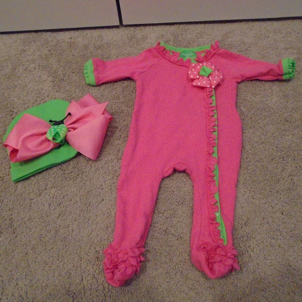 *EUC* 2 pc set Hot pink/lime layette+hat CUTE!!!